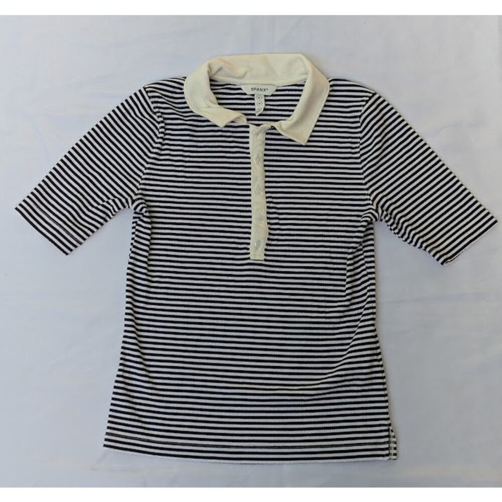 SPANX Women's Sz M Black/White Striped Stretch Preppy Ribbed Polo Top